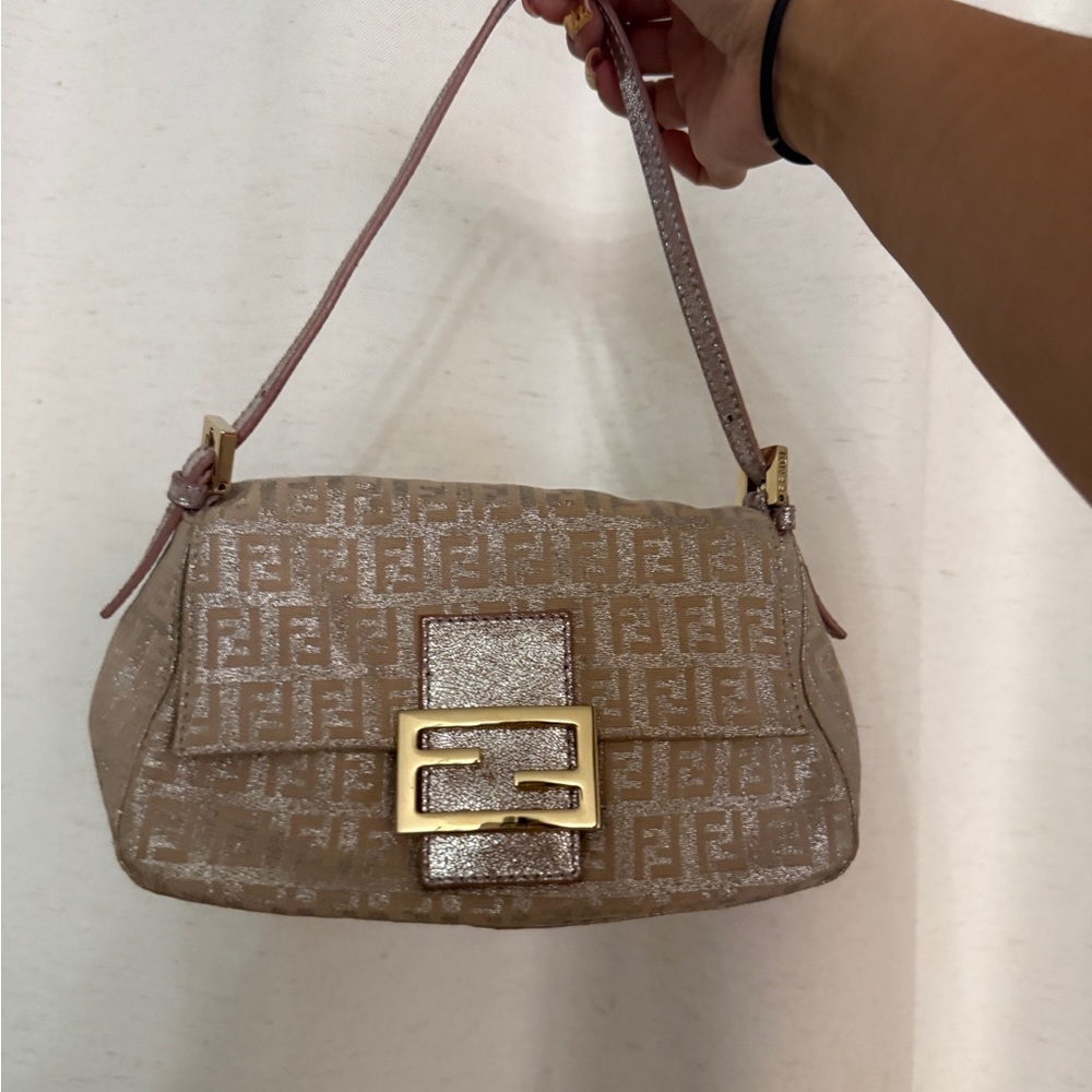 RARE FENDI Zuchinno Mini Mamma Baguette Pink Canvas Shoulder Bag